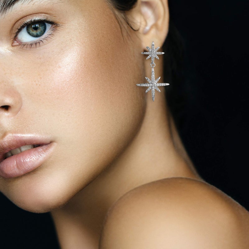 NTLX Silver Statement Earrings â€“ Star Earrings â€“ Unique Double Starburst Drop Design â€“ featuring Pave set Cubic Zirconia (CZ) -Designed in USA â€“ Great Gift (Silver) - Image 2